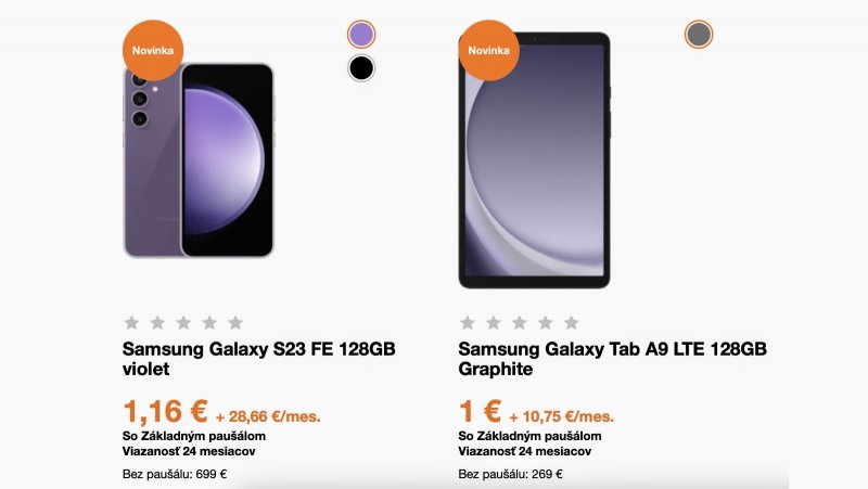 Orange: Samsung Galaxy S23 FE, Galaxy Tab A9 LTE v ponuke